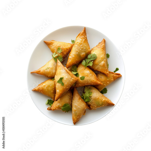 Plate of vegetarian Indian samosas isolated on a transparent or white background as PNG