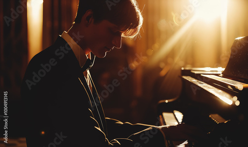 professinal pianist playing on piano at dark stage, man play at performance on grand piano instrument, back light and illumination photo