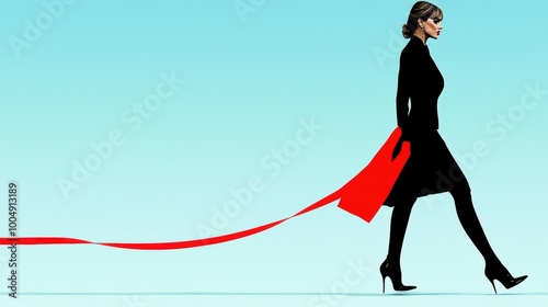 Elegant Woman with Red Ribbon in Minimalist Style