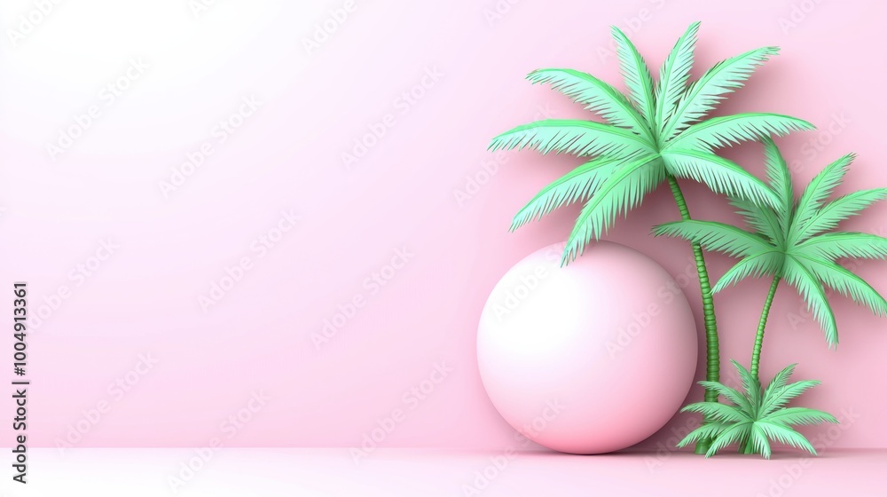 Fototapeta premium Pink Background with Palm Leaves and Sphere Decoration