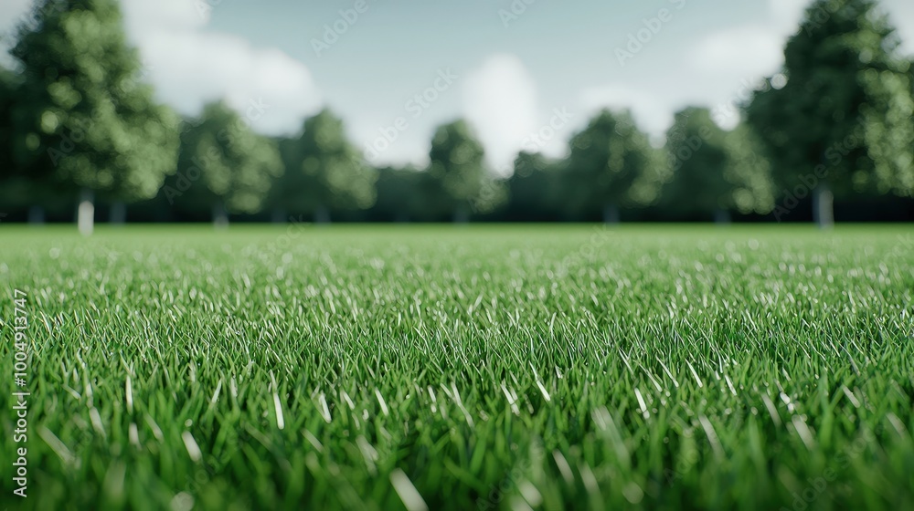 Lush Green Grass Field with Blurred Trees and Sky Lush Green Grass Field with Blurred Trees and Sky