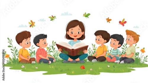 Children sitting in a circle on the grass, captivated by a storyteller reading a book filled with animal adventures, nature in the background