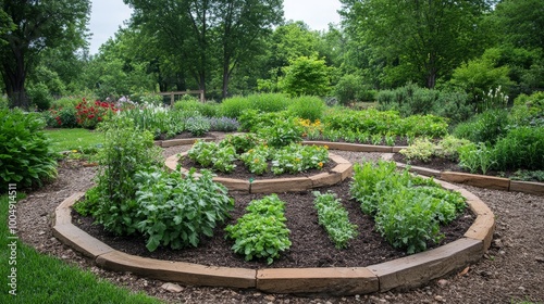Circular arrangement of crops in a sustainable garden, with companion plants growing in harmony, natural irrigation and mulch visible, eco-friendly design