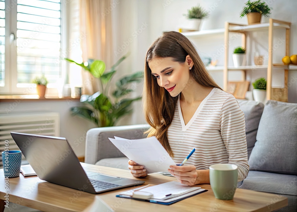 Young woman reviewing financial documents and calculating expenses at home for better budget management Young woman reviewing financial documents and calculating expenses at home for better budget management