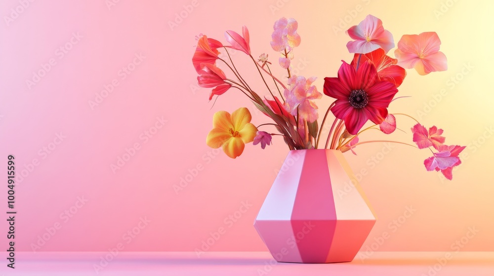Colorful flowers in geometric vase on gradient backdrop Colorful flowers in geometric vase on gradient backdrop