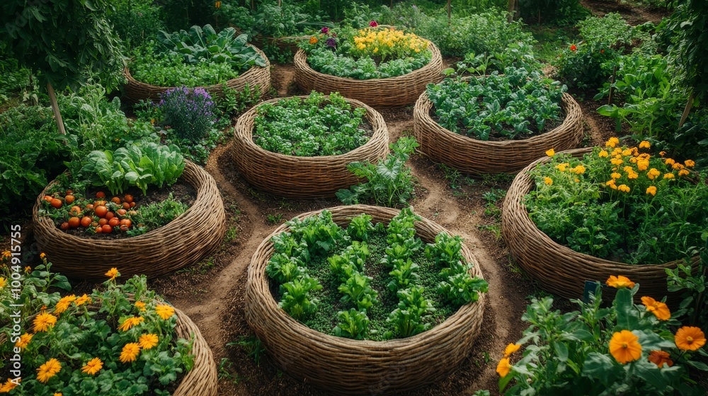 Circular crop formations in a permaculture garden, a mix of vegetables, herbs, and flowers, promoting sustainable and eco-friendly agricultural practices Circular crop formations in a permaculture garden, a mix of vegetables, herbs, and flowers, promoting sustainable and eco-friendly agricultural practices
