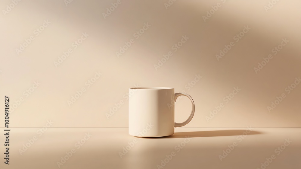 A white coffee mug on a beige surface with a soft, natural light shining down on it. A white coffee mug on a beige surface with a soft, natural light shining down on it.