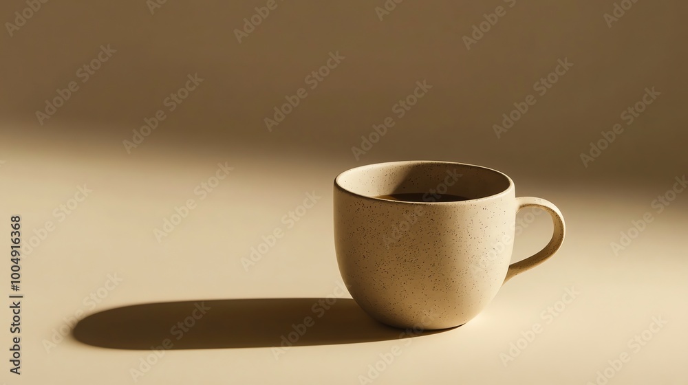 A ceramic mug with coffee on a beige background. A ceramic mug with coffee on a beige background.