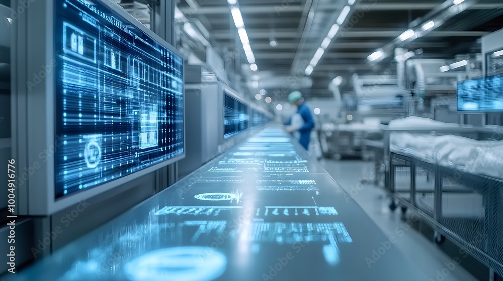 AI-controlled food packaging line, laser scanners inspecting for contamination, digital screens showing data analytics in a futuristic, clean environment