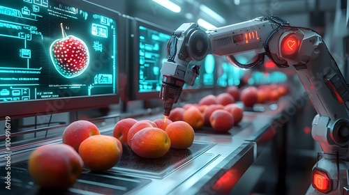 Robotic arms with advanced sensors scanning food items under laser light, detecting microscopic details at an ultra-modern industrial station