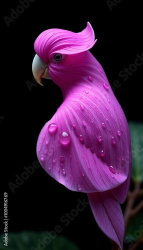 Photorealistic image of a single Vinca flower petal shaped like a parrot. The petal should have the typical pinkish-purple color of a Vinca flower, with delicate texture and natural-looking details, s photo