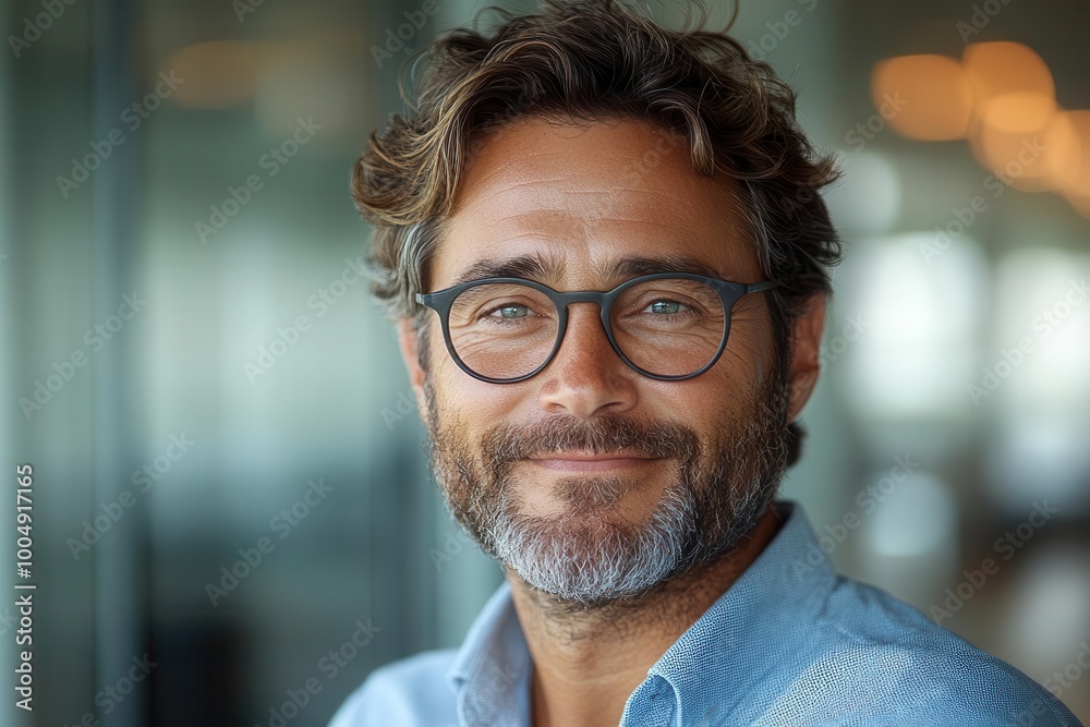 businessman casually dressed in a modern glass office smiling confidently at the camera radiating success and a professional demeanor amidst a sleek corporate environment businessman casually dressed in a modern glass office smiling confidently at the camera radiating success and a professional demeanor amidst a sleek corporate environment