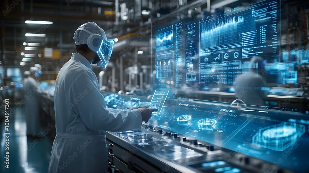 Obraz premium Futuristic operators surrounded by holographic interfaces monitoring food processing systems, data flows dynamically across floating screens