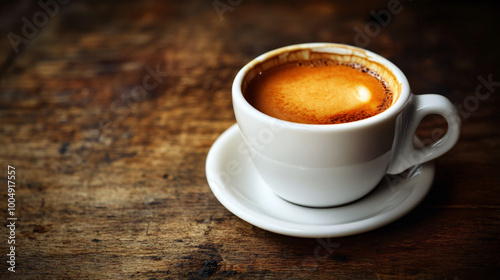 A beautifully lit photograph of a freshly brewed cup of coffee on a rustic wooden table.