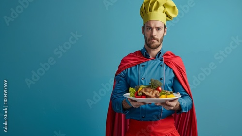 A chef in a superhero cape and chef's hat holds a plate of food with a serious expression on his face. photo