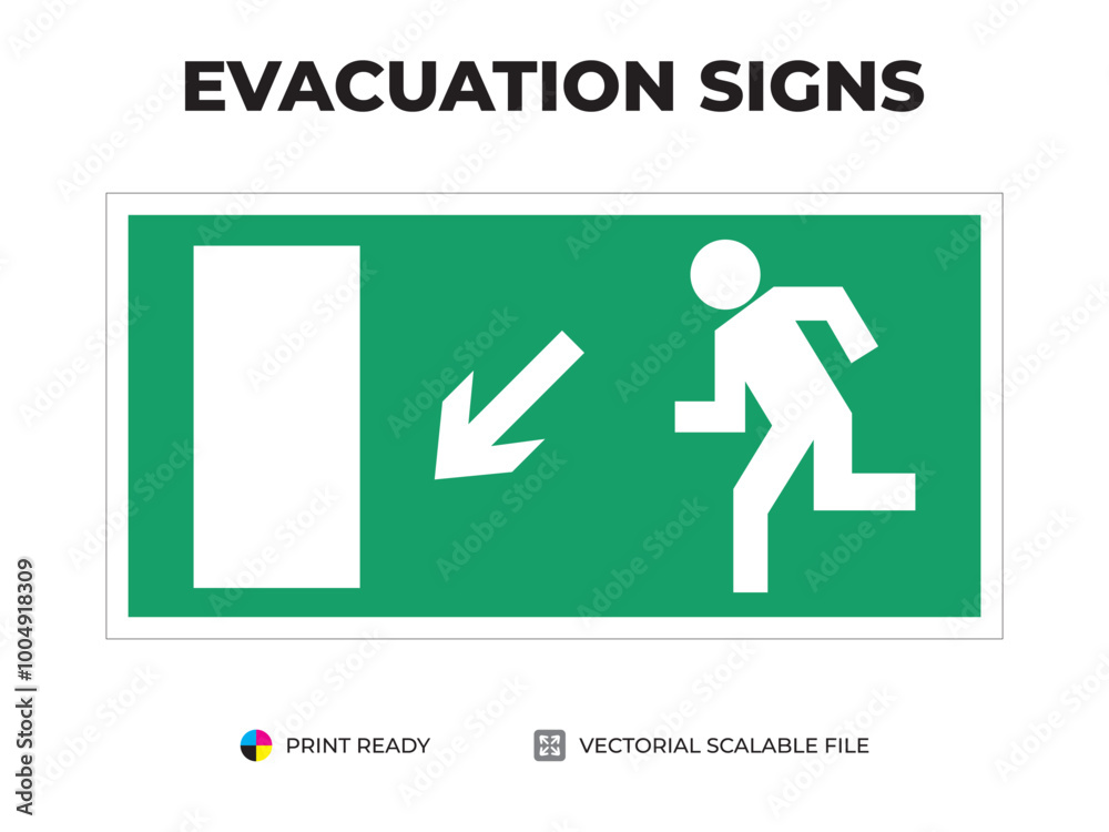 Emergency exit sign. Direction to the evacuation exit sign. Down, stairs left. Universal symbol for safe evacuation used in public buildings. Safety signage vector with green background. Emergency exit sign. Direction to the evacuation exit sign. Down, stairs left. Universal symbol for safe evacuation used in public buildings. Safety signage vector with green background.