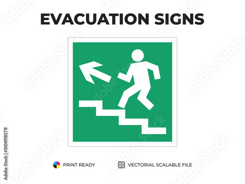 Emergency exit sign. Direction to the evacuation exit sign. Up the stairs to the left. Universal symbol for safe evacuation used in public buildings. Safety signage vector with green background.