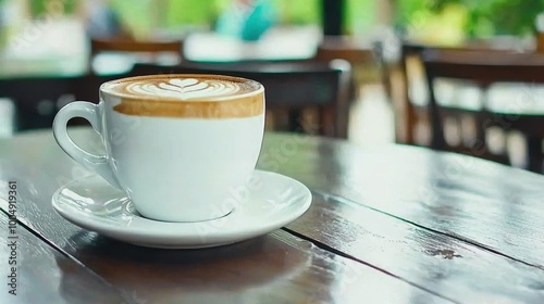 Wallpaper Mural Elegant Coffee Cup with Heart Pattern on Wooden Table Torontodigital.ca