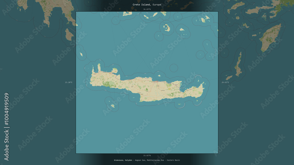 Naklejka premium Crete Island, Greece, highlighted and labelled. Topo Humanitarian