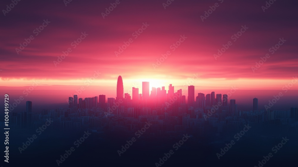 Dramatic Sunset Skyline with Cityscape Silhouette Dramatic Sunset Skyline with Cityscape Silhouette