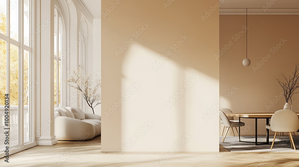 Fototapeta premium Beige home living room interior with rest and dining zone, window. Mockup wall