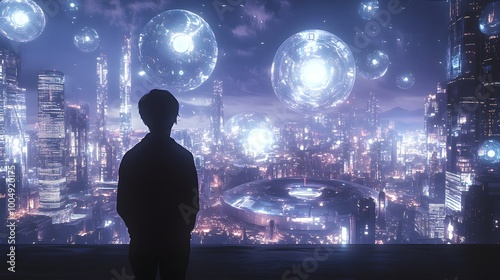 Wallpaper Mural Silhouette of a man facing a futuristic world of advanced technology, giant glowing orbs and floating platforms in a vast, futuristic environment Torontodigital.ca