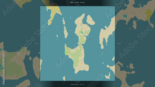 Eday Island, United Kingdom, highlighted and labelled. Topo Humanitarian photo