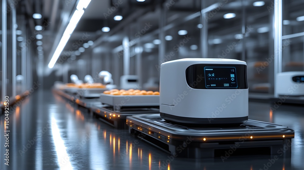 Obraz premium A futuristic food processing line with AI robots detecting contaminants in food products, surrounded by glowing holographic interfaces, Cyberpunk, Dark neon hues, 3D, Sharp focus