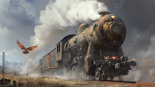 Rusty Steam Train Chugging Through the Desert Landscape photo