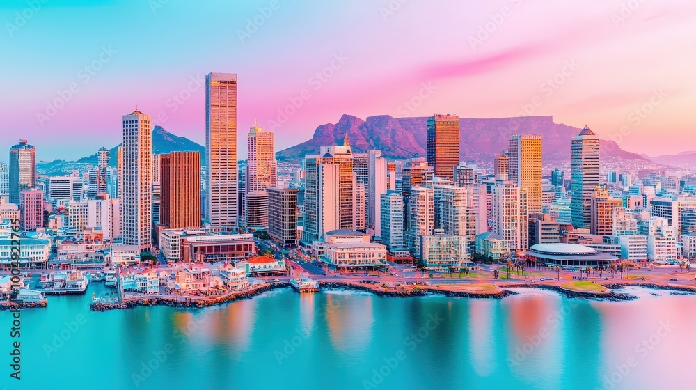 Obraz premium Cape Town Skyline with Table Mountain at Sunset