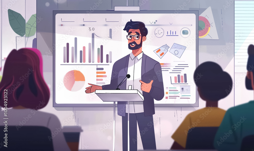 Professional speaker giving business presentation with graphs and charts, discussing data analysis in corporate environment Professional speaker giving business presentation with graphs and charts, discussing data analysis in corporate environment