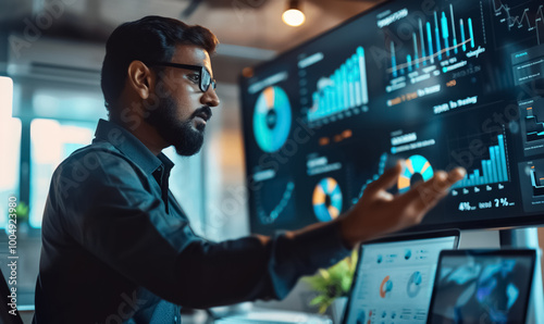 Professional speaker giving business presentation with graphs and charts, discussing data analysis in corporate environment