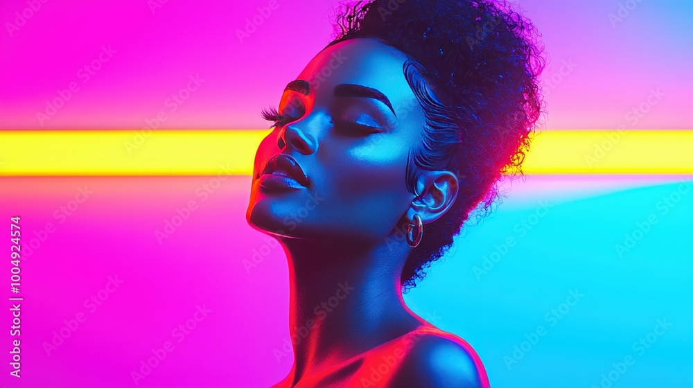Neon Portrait of a Woman with Curly Hair and Closed Eyes Neon Portrait of a Woman with Curly Hair and Closed Eyes