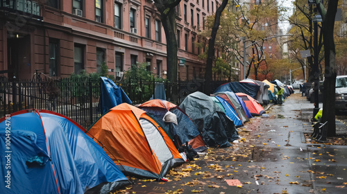 homeless tents line in bustling american city, highlighting homelessness, economic hardship, and social inequality in US and world