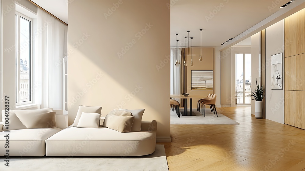 Fototapeta premium Beige home living room interior with rest and dining zone, window. Mockup wall 