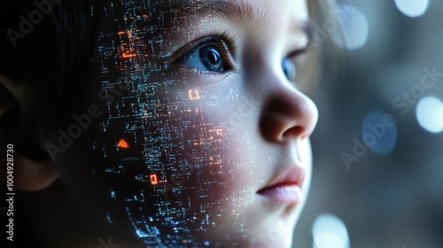 Little girl with digital code data overlay, cyberspace and information technology of the future. Ai education and cybersecurity