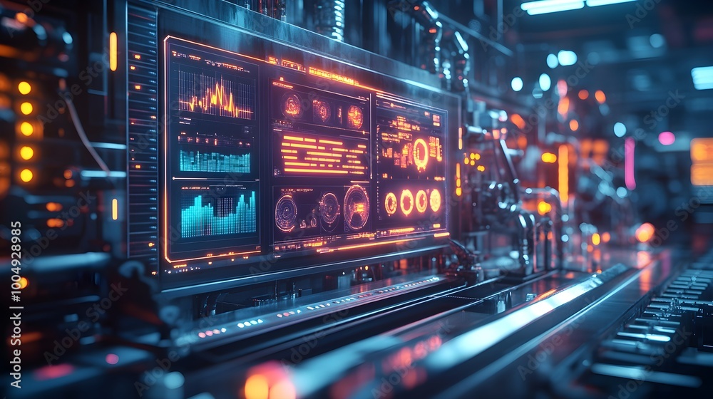 Obraz premium Smart factory interface in neon hues, showing detailed real-time quality control stats for numerous production lines, futuristic machinery surrounding it