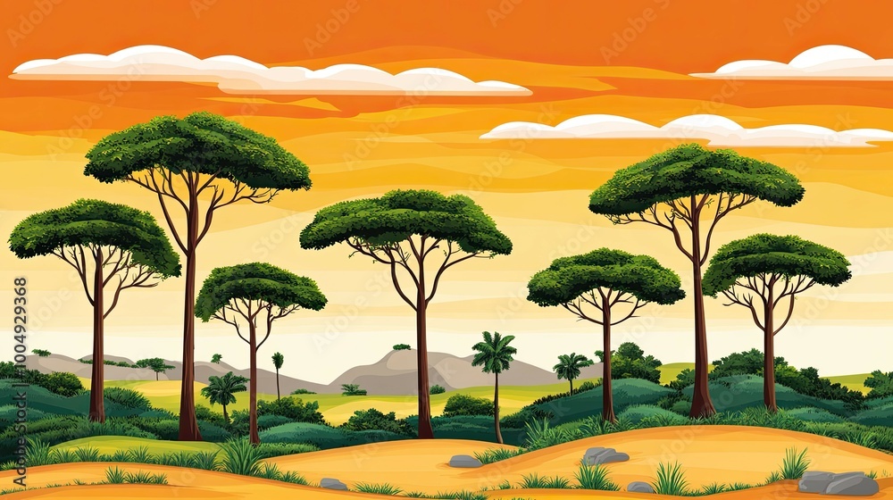A scenic view of a grassy savanna with tall trees against a bright orange sunset. A scenic view of a grassy savanna with tall trees against a bright orange sunset.