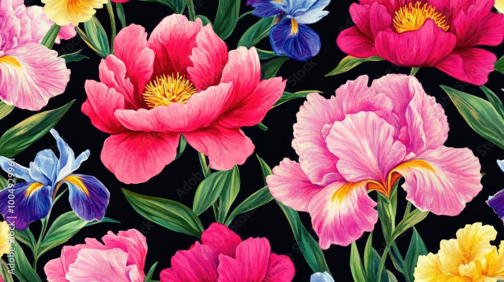 A seamless pattern featuring vibrant pink peonies and blue irises with green foliage on a black background. A seamless pattern featuring vibrant pink peonies and blue irises with green foliage on a black background.
