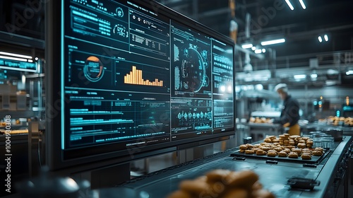 A digital display showing real-time data from AI-powered food quality control systems across a vast manufacturing facility