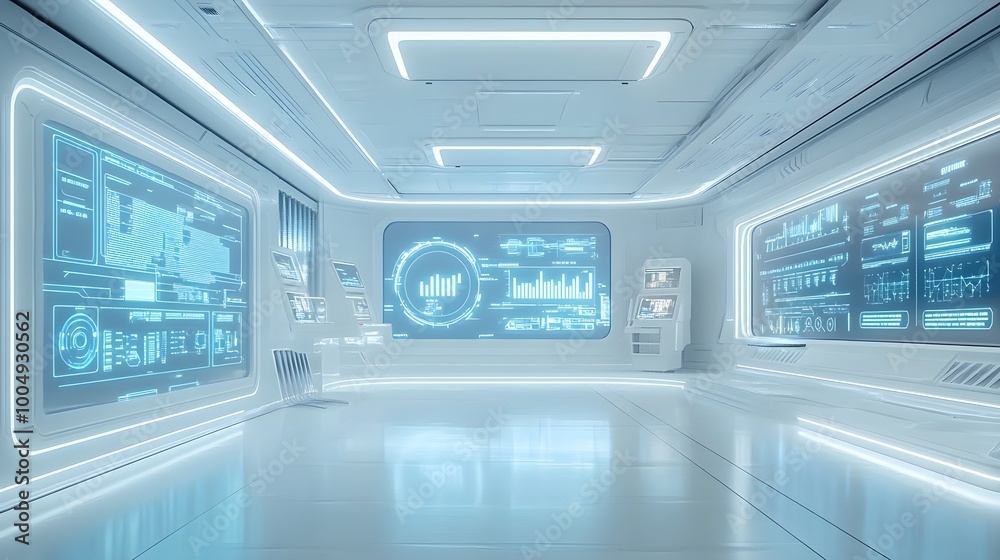 Fototapeta premium Minimalistic white control room with holograms displaying real-time food quality stats, futuristic AI interfaces, blue and white lights, 3D model style, high-resolution