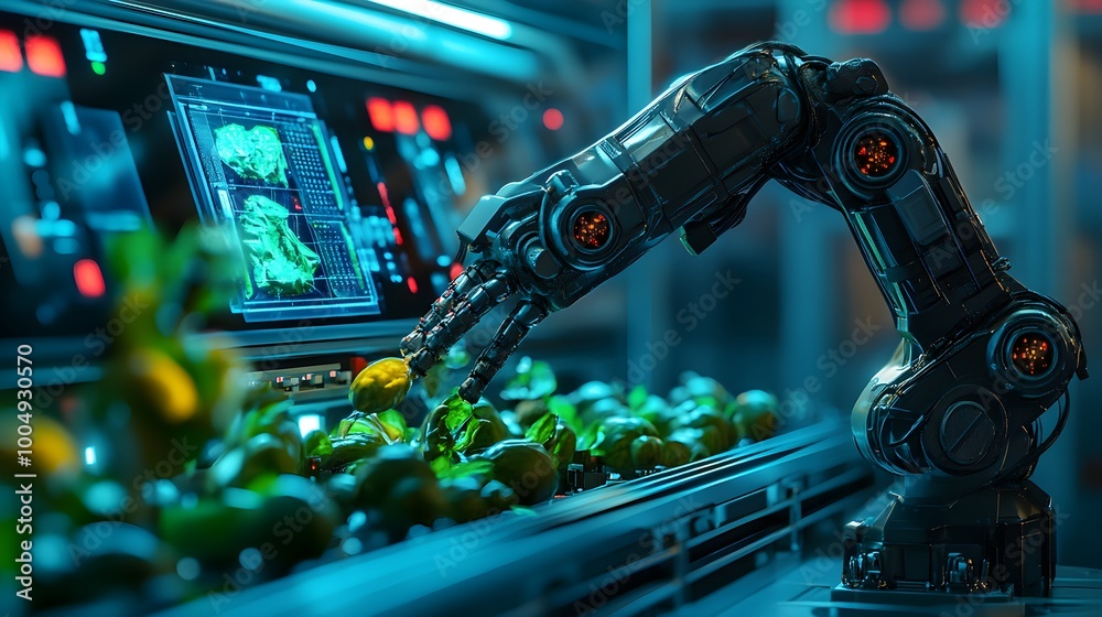 A robotic system in a food factory, scanning vegetables with holographic displays, highlighting impurities, cyberpunk style, vivid colors, detailed close-up shot, digital illustration A robotic system in a food factory, scanning vegetables with holographic displays, highlighting impurities, cyberpunk style, vivid colors, detailed close-up shot, digital illustration