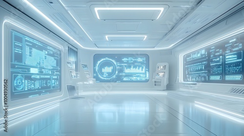 Minimalistic white control room with holograms displaying real-time food quality stats, futuristic AI interfaces, blue and white lights, 3D model style, high-resolution