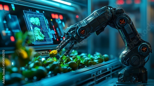 A robotic system in a food factory, scanning vegetables with holographic displays, highlighting impurities, cyberpunk style, vivid colors, detailed close-up shot, digital illustration