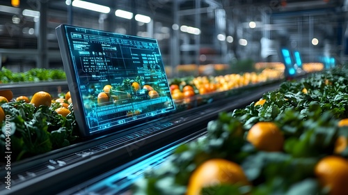 Advanced AI-controlled conveyor belt, scanning and sorting food items with precision, holographic displays showing real-time data analytics in a modern facility