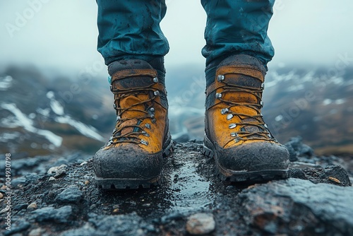 closeup shot of a hikers shoes on rocky terrain in the mountains emphasizing the adventure of exploration and the beauty of nature creating a sense of freedom and outdoor lifestyle