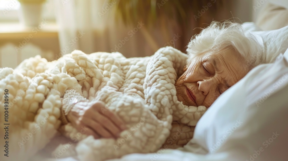 Elderly woman peacefully sleeping under a blanket in a cozy bedroom with soft natural light. rest and relaxation Elderly woman peacefully sleeping under a blanket in a cozy bedroom with soft natural light. rest and relaxation