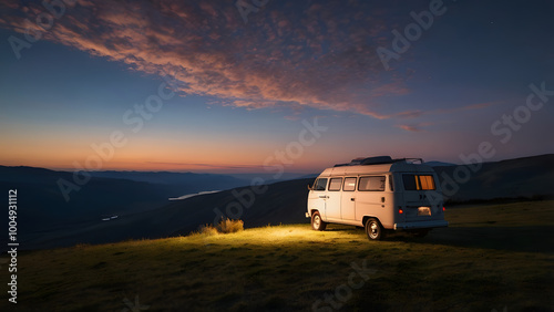 Wallpaper Mural The light from the campervan in the beautiful scenery at dusk generative ai Torontodigital.ca