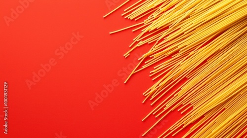 Uncooked spaghetti on vibrant red background photo