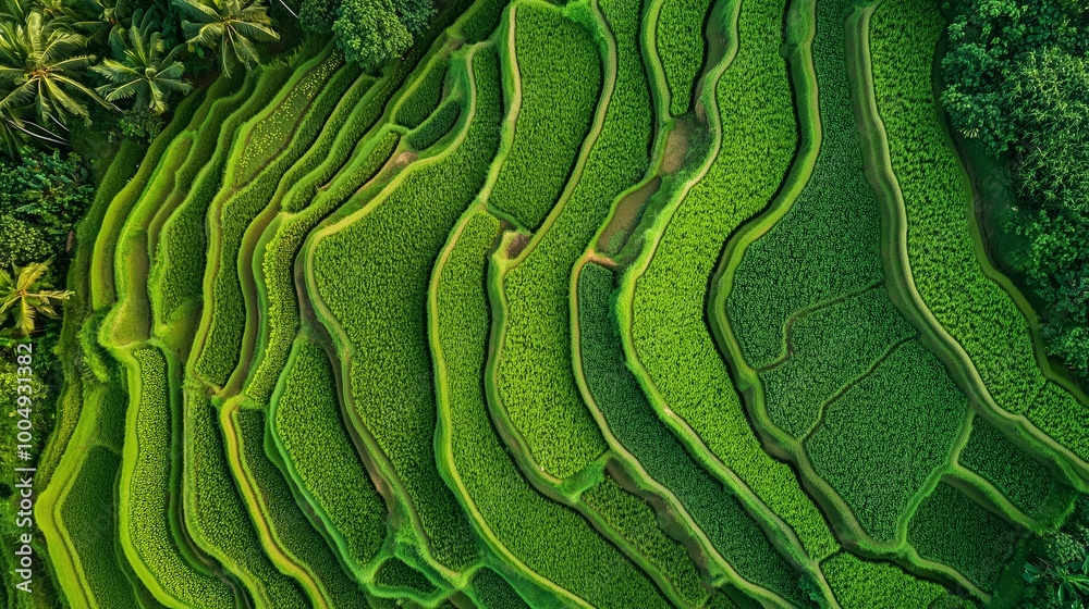 Fototapeta premium Lush green terraced rice fields in Bali, Indonesia, showcasing intricate patterns during the sunny afternoon
